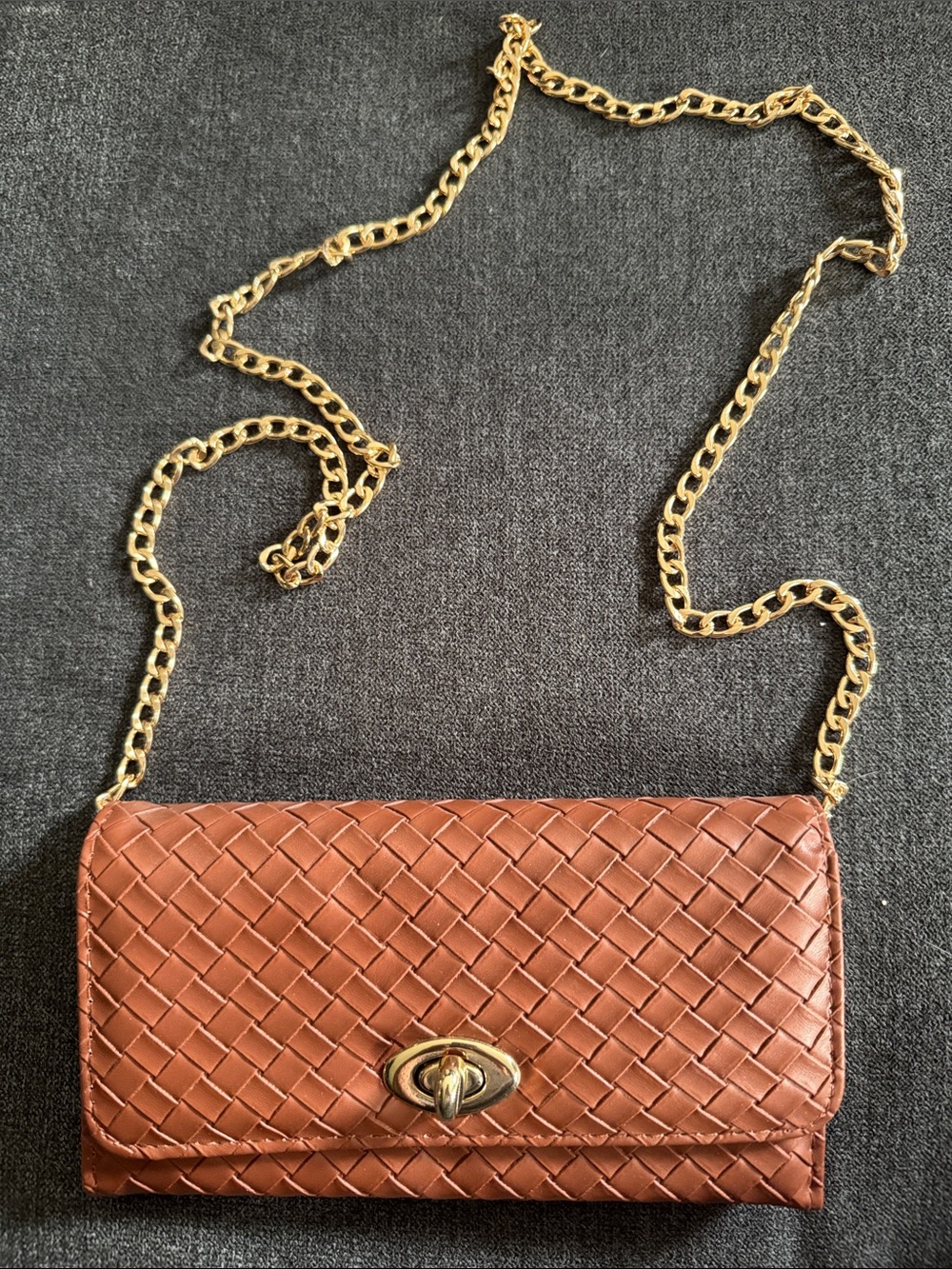 Brown Woven Crossbody Bag with Gold Chain